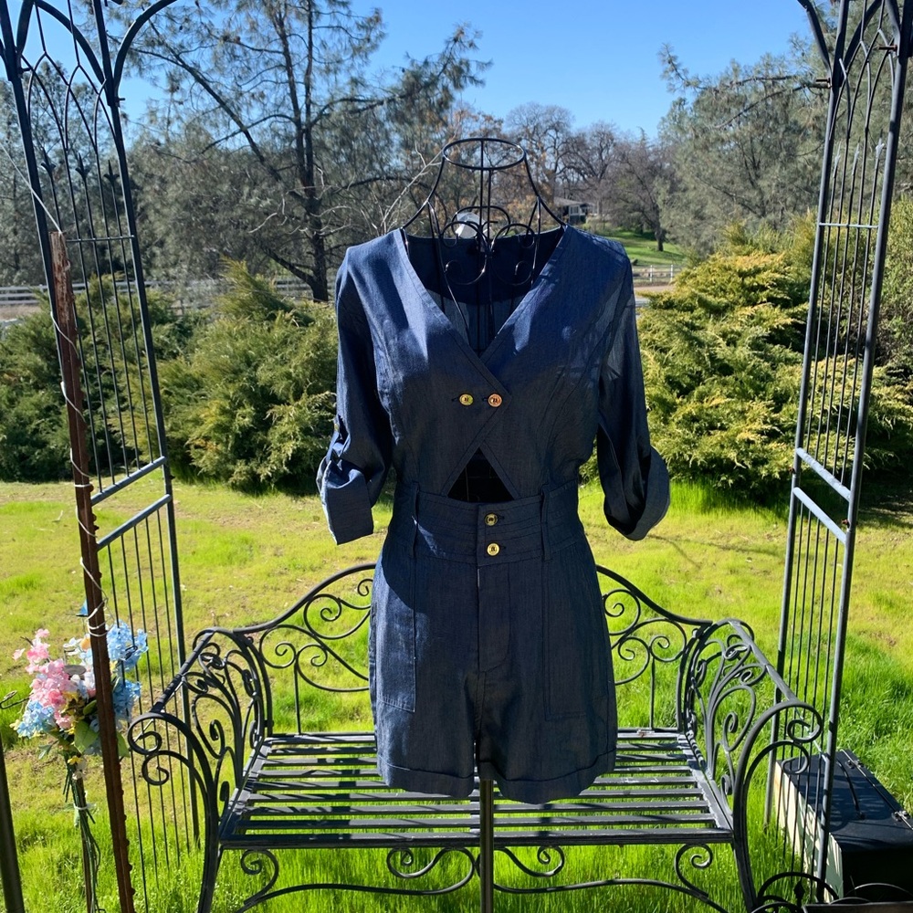 Bebe light weight navy denim romper , just like shorts and top put together - Picture 1 of 10